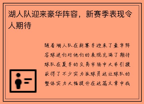 湖人队迎来豪华阵容，新赛季表现令人期待
