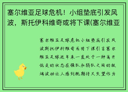 塞尔维亚足球危机！小组垫底引发风波，斯托伊科维奇或将下课(塞尔维亚主教练克尔斯塔季奇)