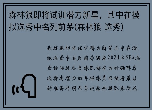 森林狼即将试训潜力新星，其中在模拟选秀中名列前茅(森林狼 选秀)